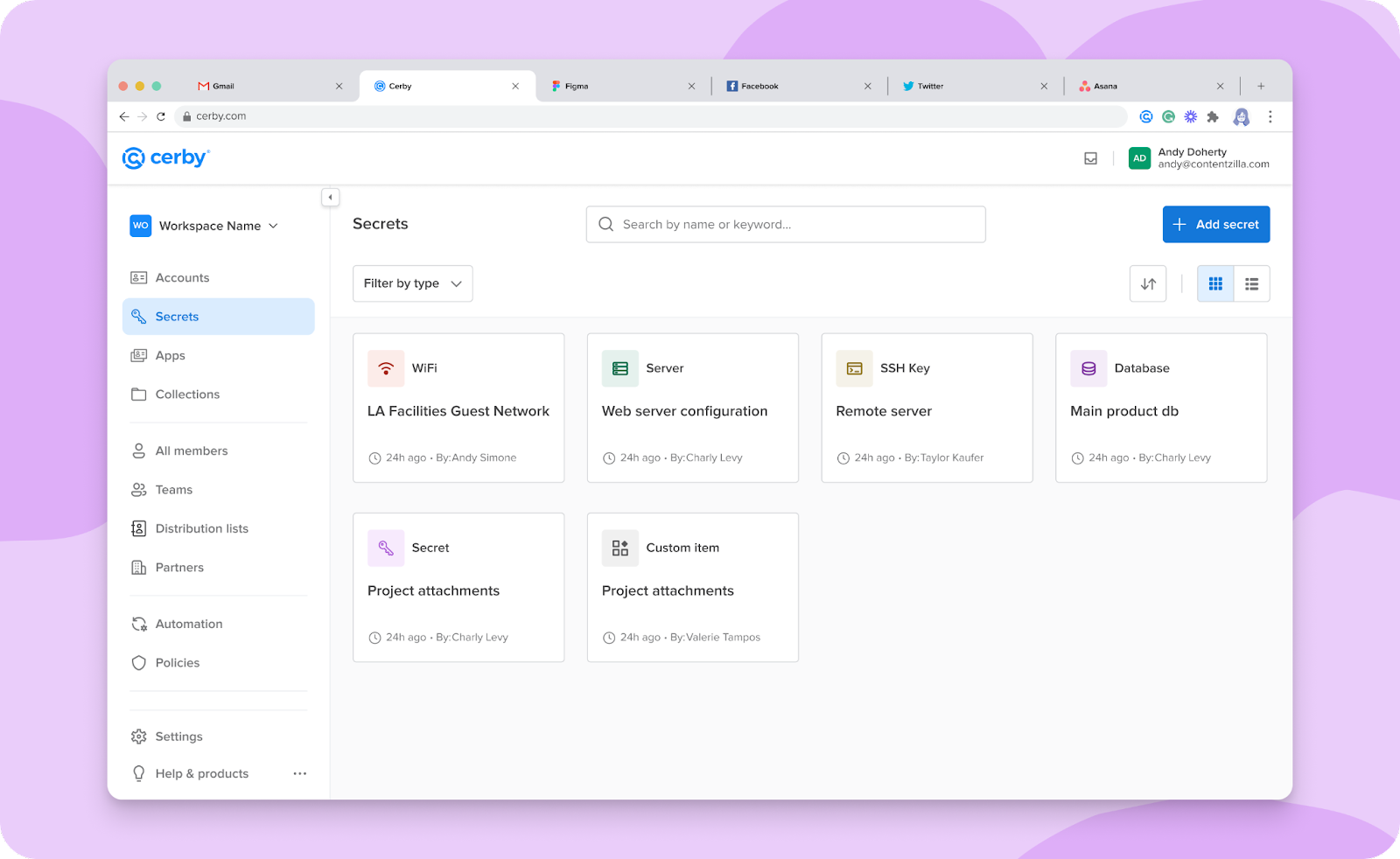 Screenshot of the Cerby web app dashboard. The Secrets page is displayed with multiple secret cards that correspond to different secret items.