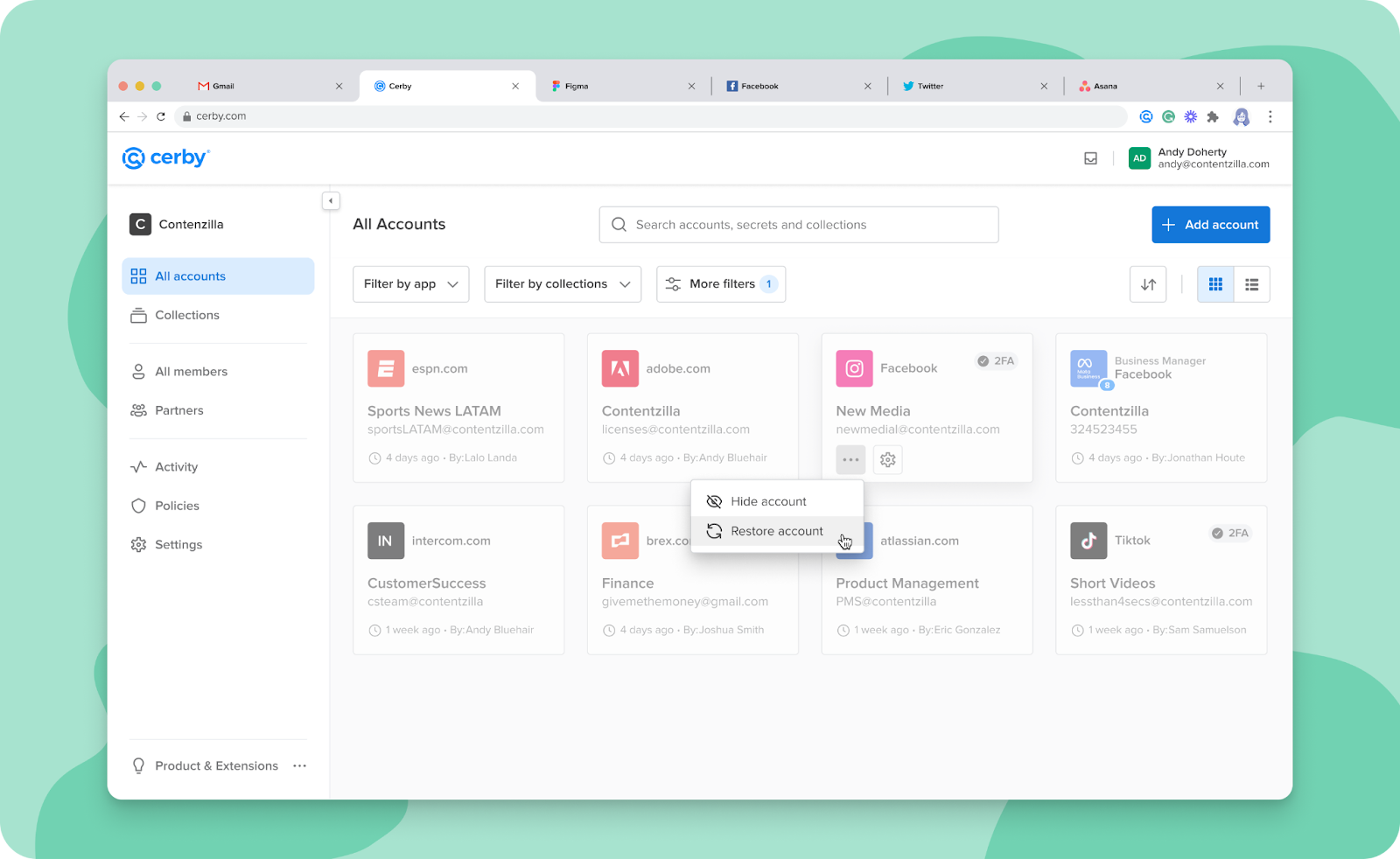 Screenshot of the Cerby web app dashboard with multiple deleted account cards. You can select the