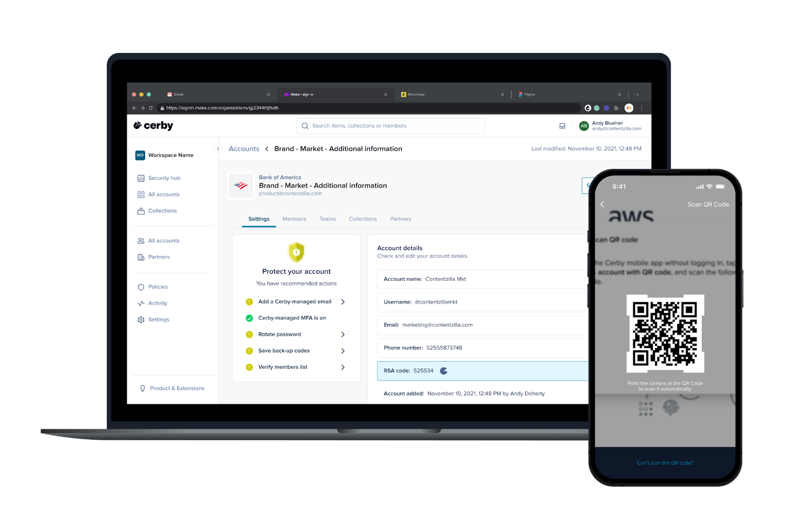 Screenshot of the Cerby web app dashboard (left) and the mobile app (right). The account details page is displayed in the web app with an RSA code, and a QR code being scanned is displayed in the mobile app.