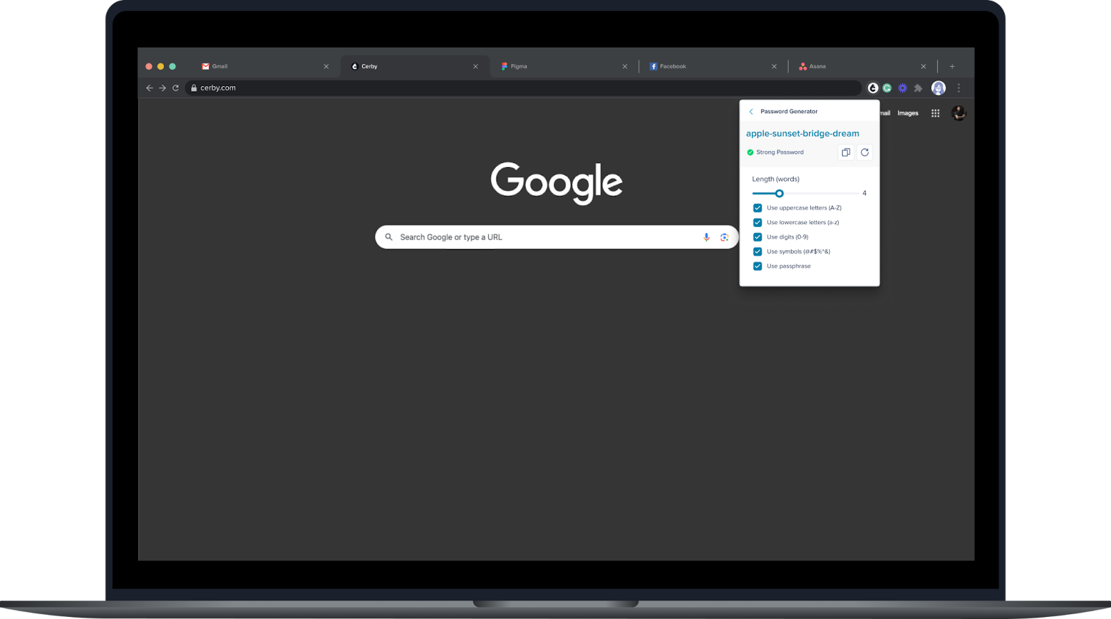 Screenshot of the Cerby browser extension popup on top of a web browser. The popup displays the "Use passphrase" option selected and a generated passphrase.