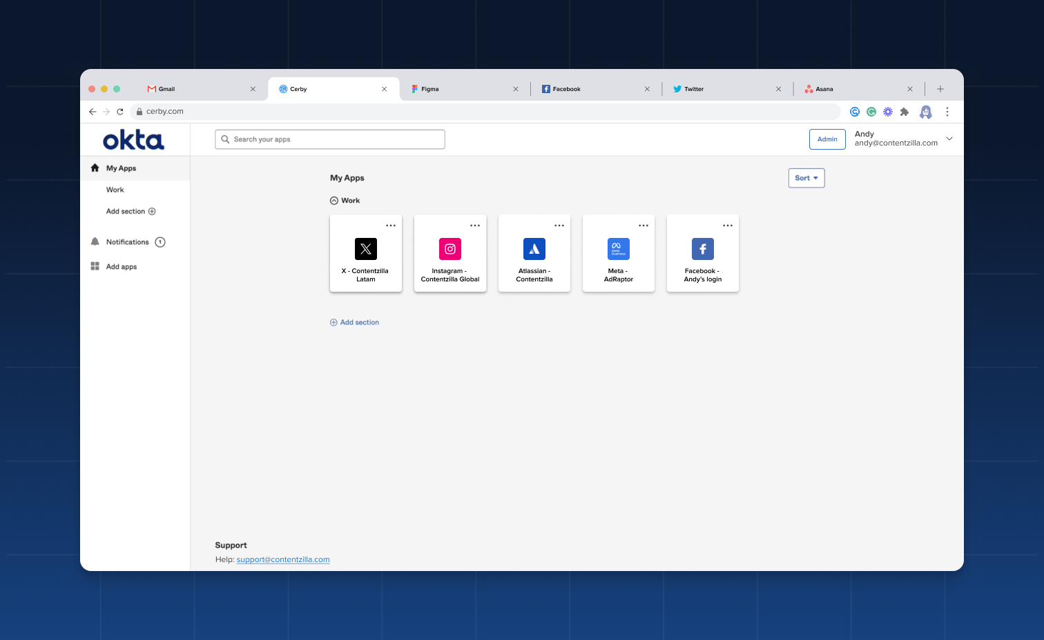 Screenshot of the My Apps page in the Okta dashboard. Multiple chiclets are displayed for logging-in purposes; they all correspond to Cerby accounts