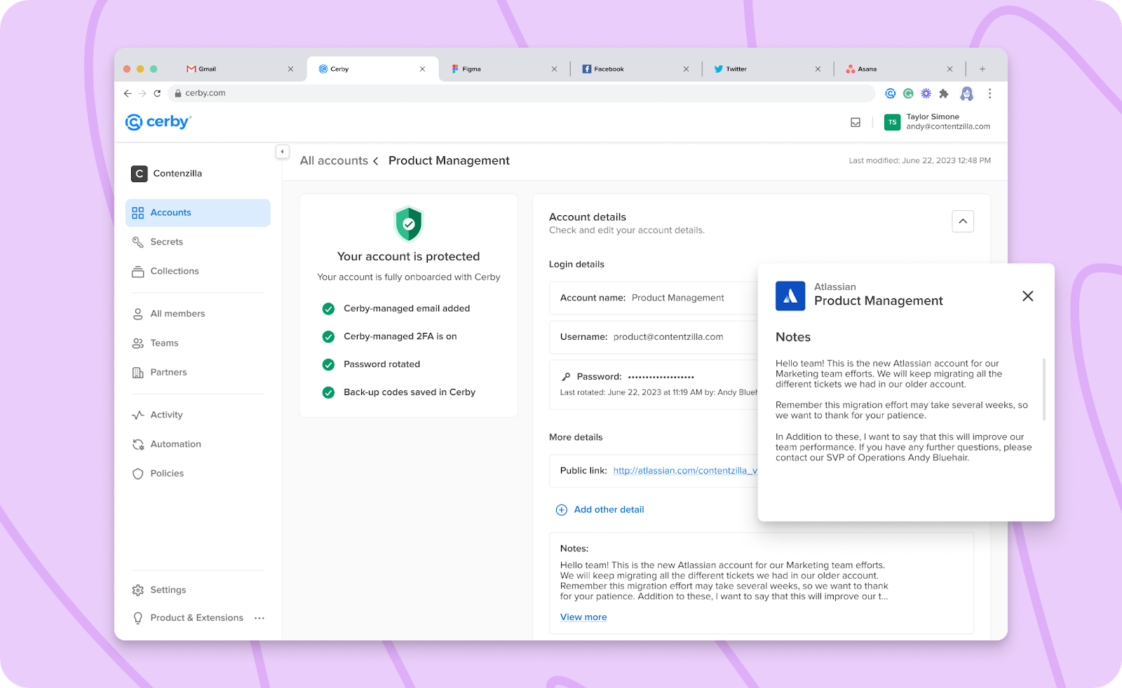 Screenshot of the account details page, where you can manage your account and save information via the Notes field or new custom fields.