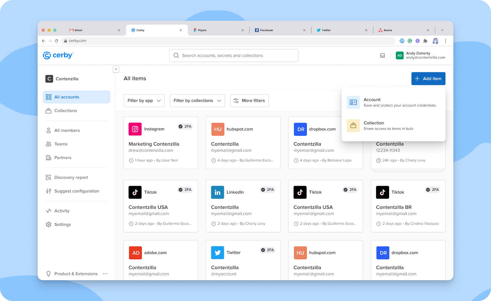 Screenshot of the Cerby web app dashboard. The All accounts page is displayed with multiple account cards and a button at the top right to add an item \(account or collection\).