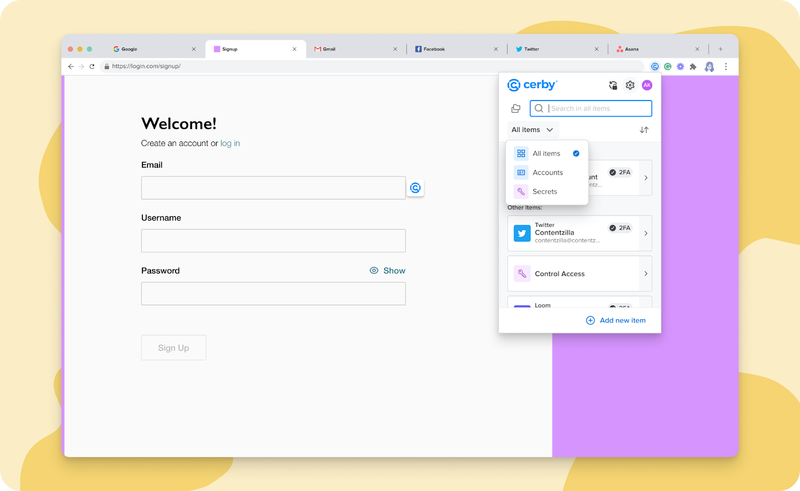 Screenshot of the global search bar in the Cerby browser extension popup. You can filter your search by all items, accounts, and secrets.