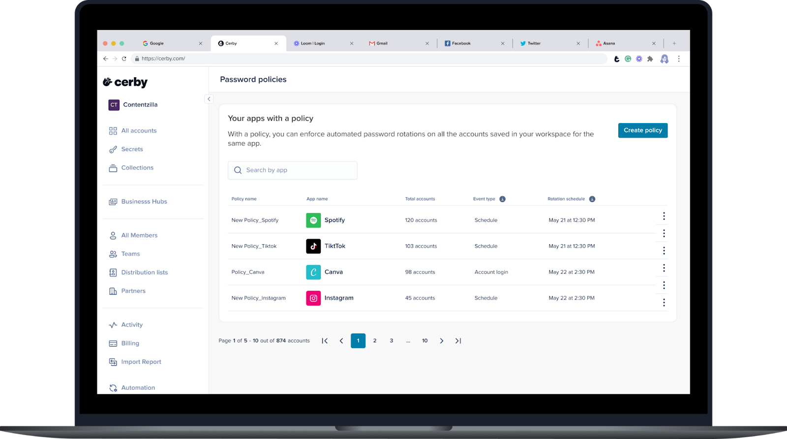 Screenshot of the Cerby web app dashboard. The Password Policies page is displayed with a list of apps that already have a policy in place.