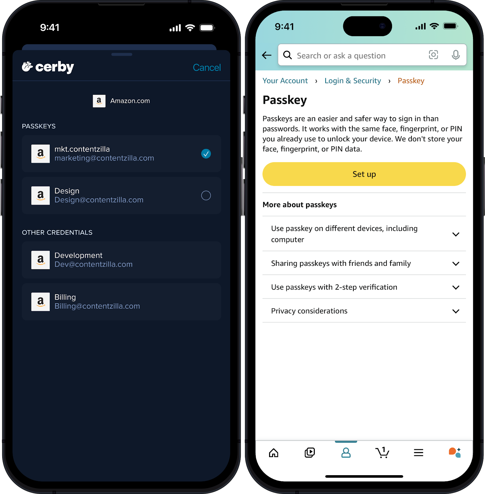 Screenshots of the Cerby mobile app (left) and the Passkey page for logging in to Amazon. The Cerby mobile app displays a list of saved passkeys for amazon.com, and the Passkey page displays a button to set up this authentication method.